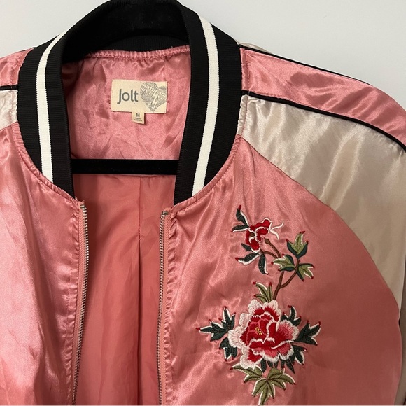 Pink Silk Flowered Embroidered Bomber Jacket - Picture 7 of 7